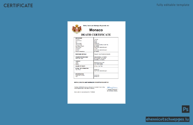 Monaco Personenstandsregister Sterbeurkunde Word- und PDF-Beispielvorschau